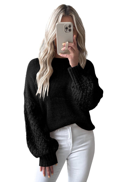 Black Cable Knit Sleeve Drop Shoulder Sweater - L & M Kee, LLC