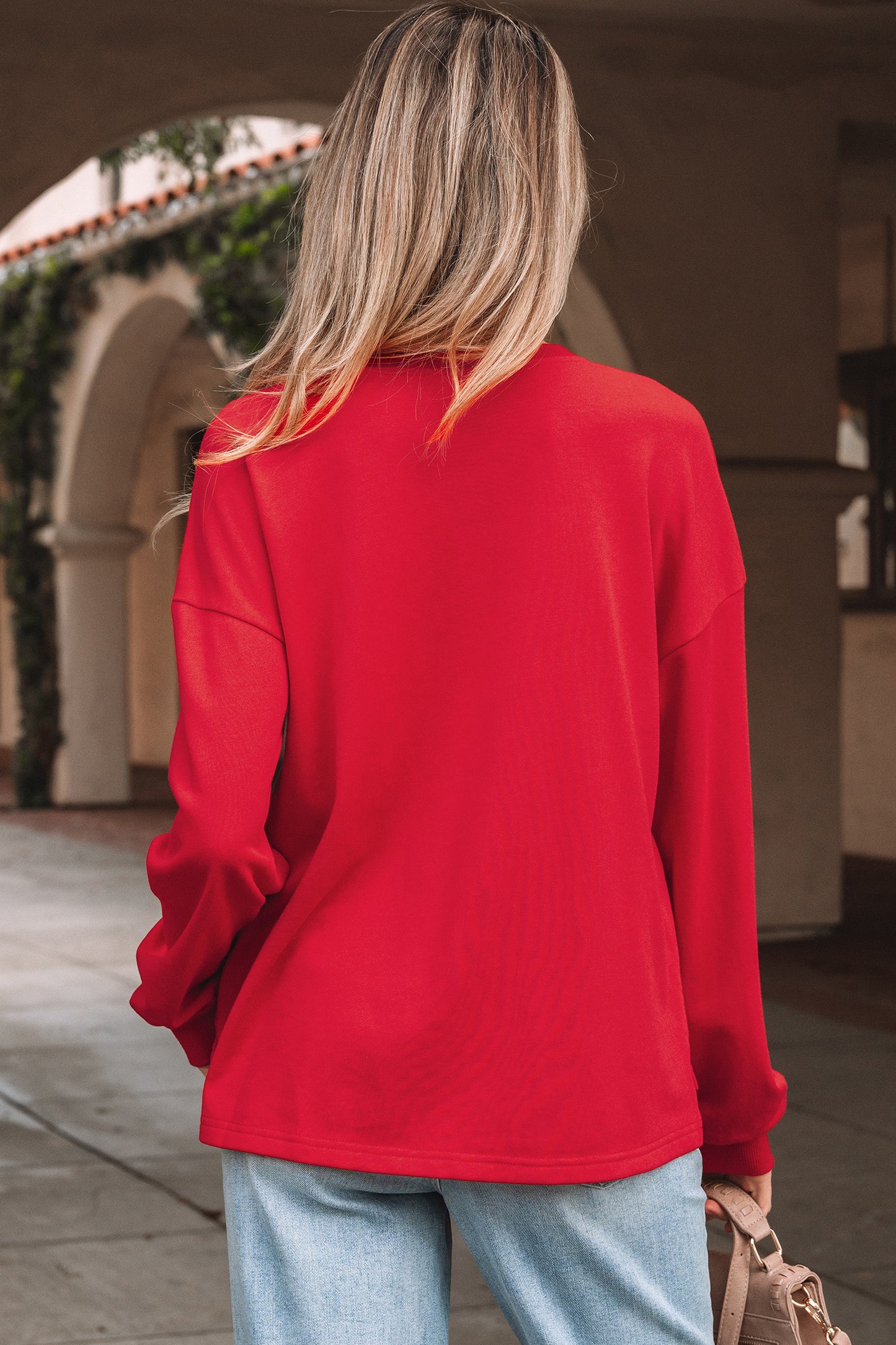 Fiery Red Plaid Frayed Double Christmas Tree Patched Drop Shoulder Sweatshirt