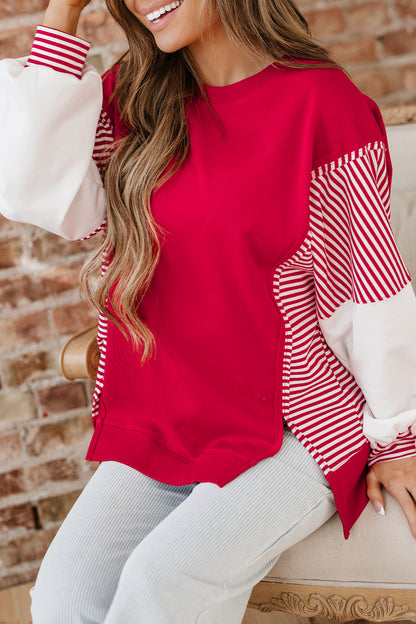Fiery Red Striped Patchwork Sleeve Colorblock Sweatshirt