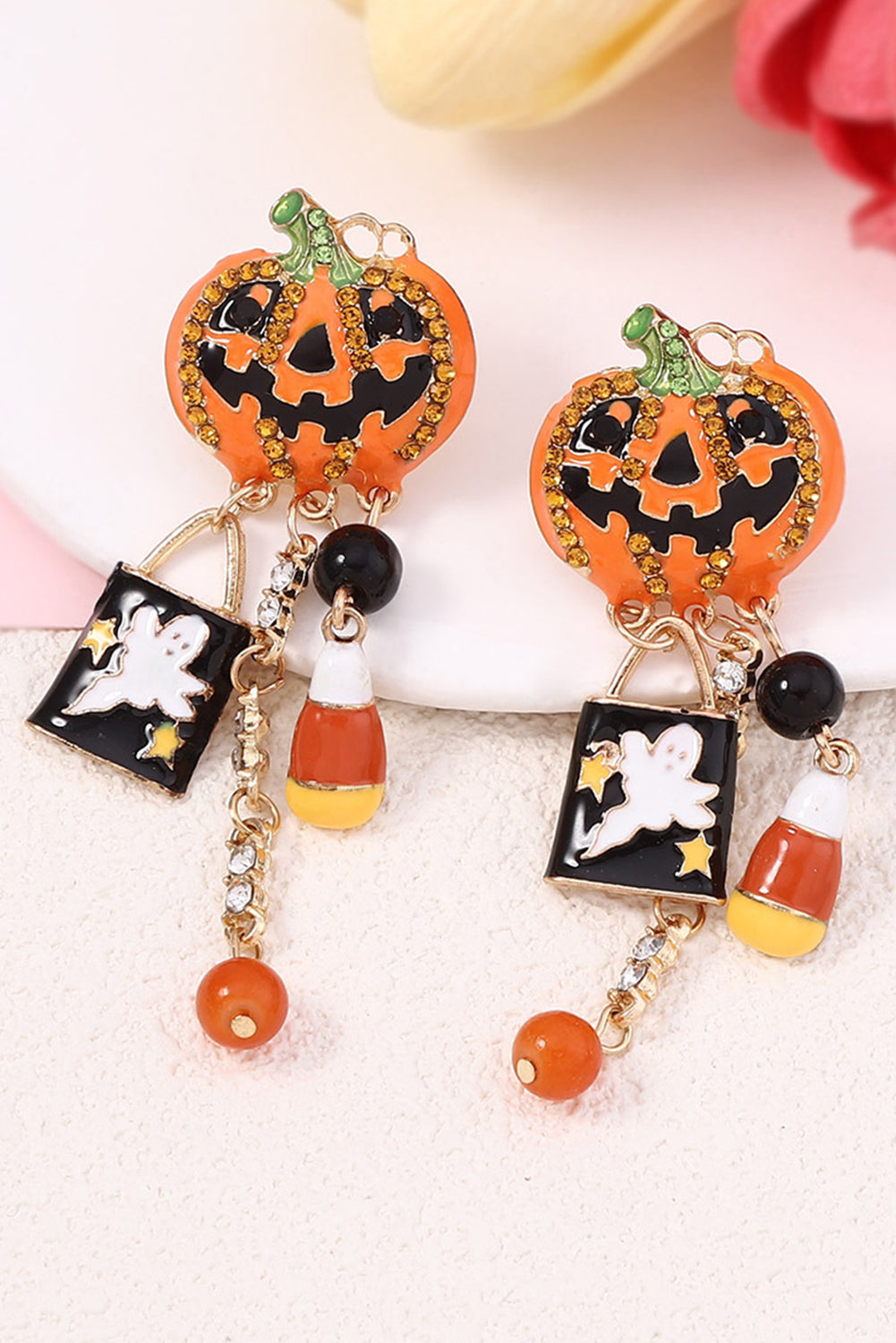 Orange Halloween Rhinestone Pumpkin Ghost Tassel Earrings