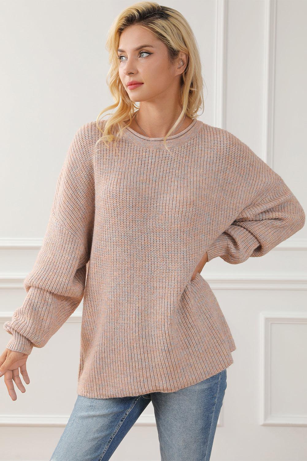 Multicolor Rolled Round Neck Drop Shoulder Sweater - L & M Kee, LLC