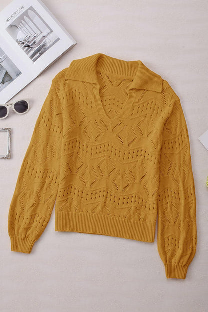 Khaki Hollowed Pattern Knit V Neck Collared Sweater - L & M Kee, LLC