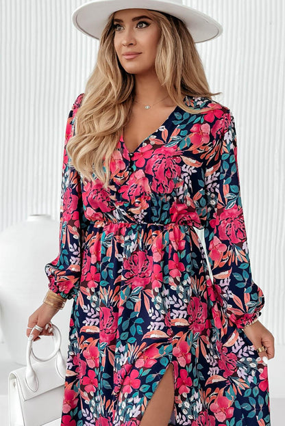 V Neck Elastic High Waist Split Floral Dress - L & M Kee, LLC