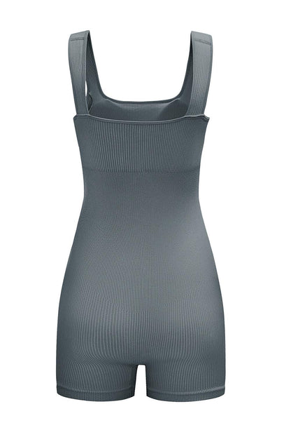 Gray Ribbed Square Neck Padded Sports Romper - L & M Kee, LLC