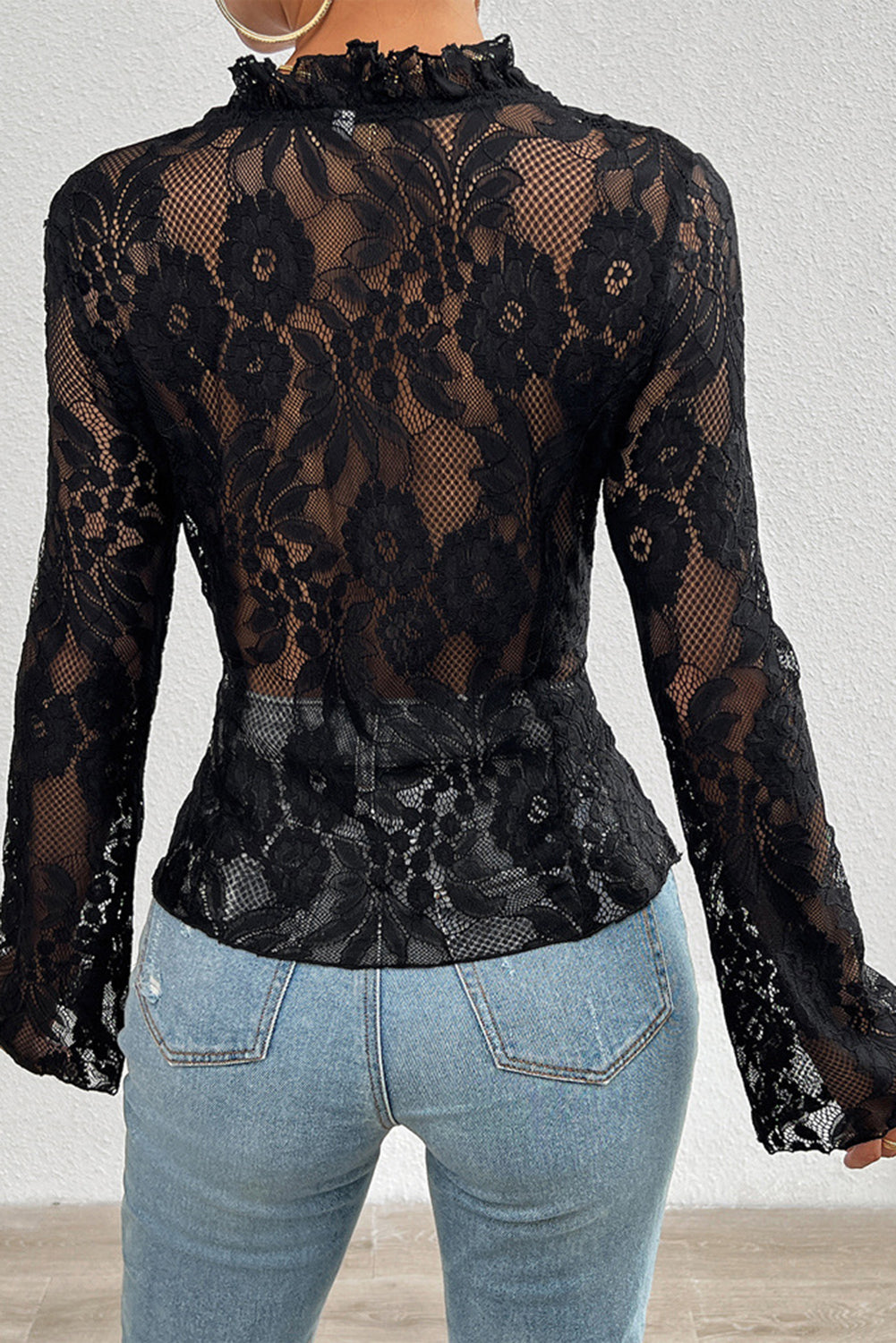 Black Frilly Tie Front See-Through Floral Lace Blouse