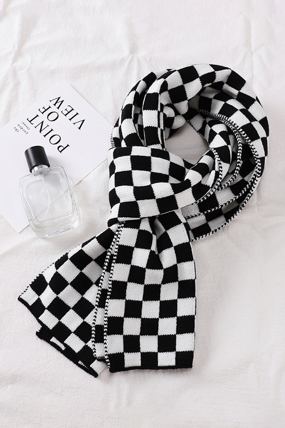 Black Checkered Knitted Soft Warm Large Scarf