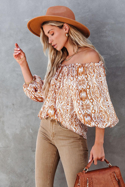 Drawstring Neckline 3/4 Sleeve Printed Blouse - L & M Kee, LLC