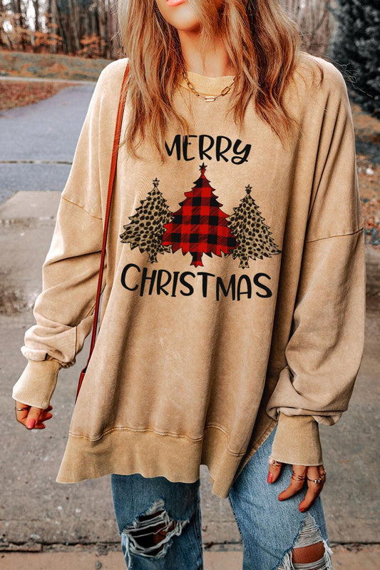 Khaki MERRY CHRISTMAS Tree Print Loose Fit Sweatshirt - L & M Kee, LLC