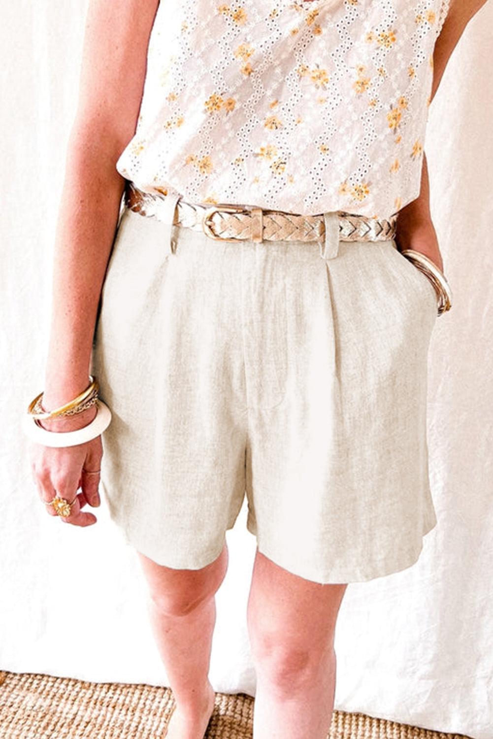 Beige High Rise Wide Leg Cotton Blend Casual Shorts - L & M Kee, LLC