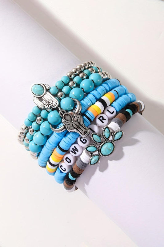 Light Blue 7pcs Boho Turquoise Beaded Bracelet Set - L & M Kee, LLC