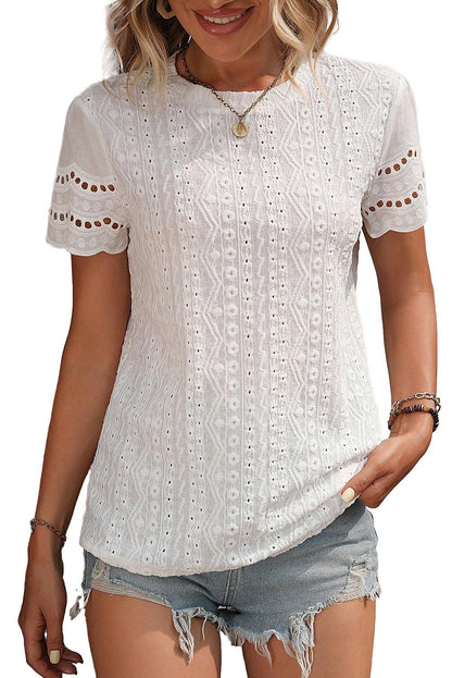 White Eyelet Embroidery Scalloped Short Sleeve Top - L & M Kee, LLC