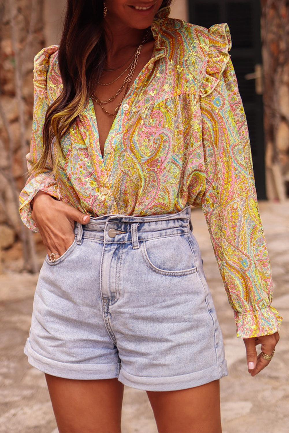 Yellow Paisley Print Ruffled Trim Boho Shirt - L & M Kee, LLC