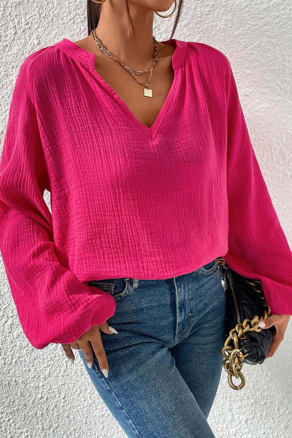 Crinkle Split Neck Puff Sleeve Blouse - L & M Kee, LLC