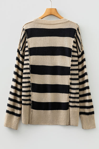 Brown Stripe Drop Shoulder Sleeve Patchwork Baggy Sweater