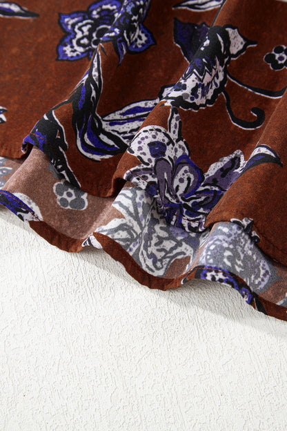 Brown Autumn Floral Print Smocked Cuffs Shift Blouse