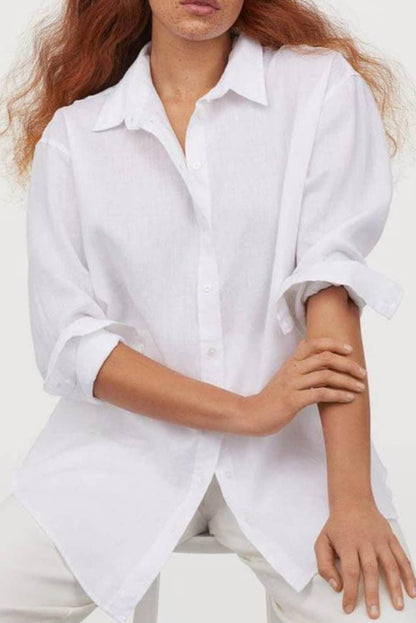 White Plus Size Linen Textured Button Up Shirt - L & M Kee, LLC