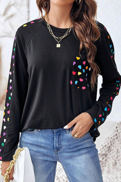 Black Valentine\'s Day Love Hearts Raglan Sleeve Top - L & M Kee, LLC