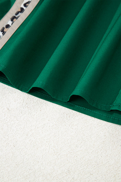 Evergreen Puffy Flounce Sleeve Leopard Trim V Neck Blouse