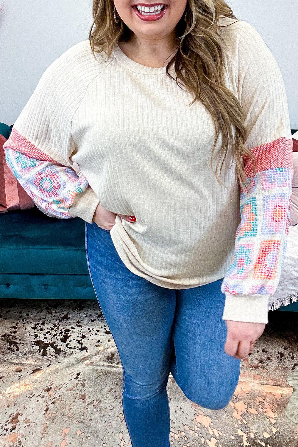 Plus Size Floral Print Raglan Bubble Sleeve Top - L & M Kee, LLC