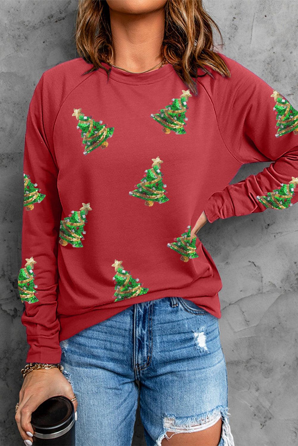 Red Sequined Christmas Tree Raglan Sleeve Sweatshirt - L & M Kee, LLC