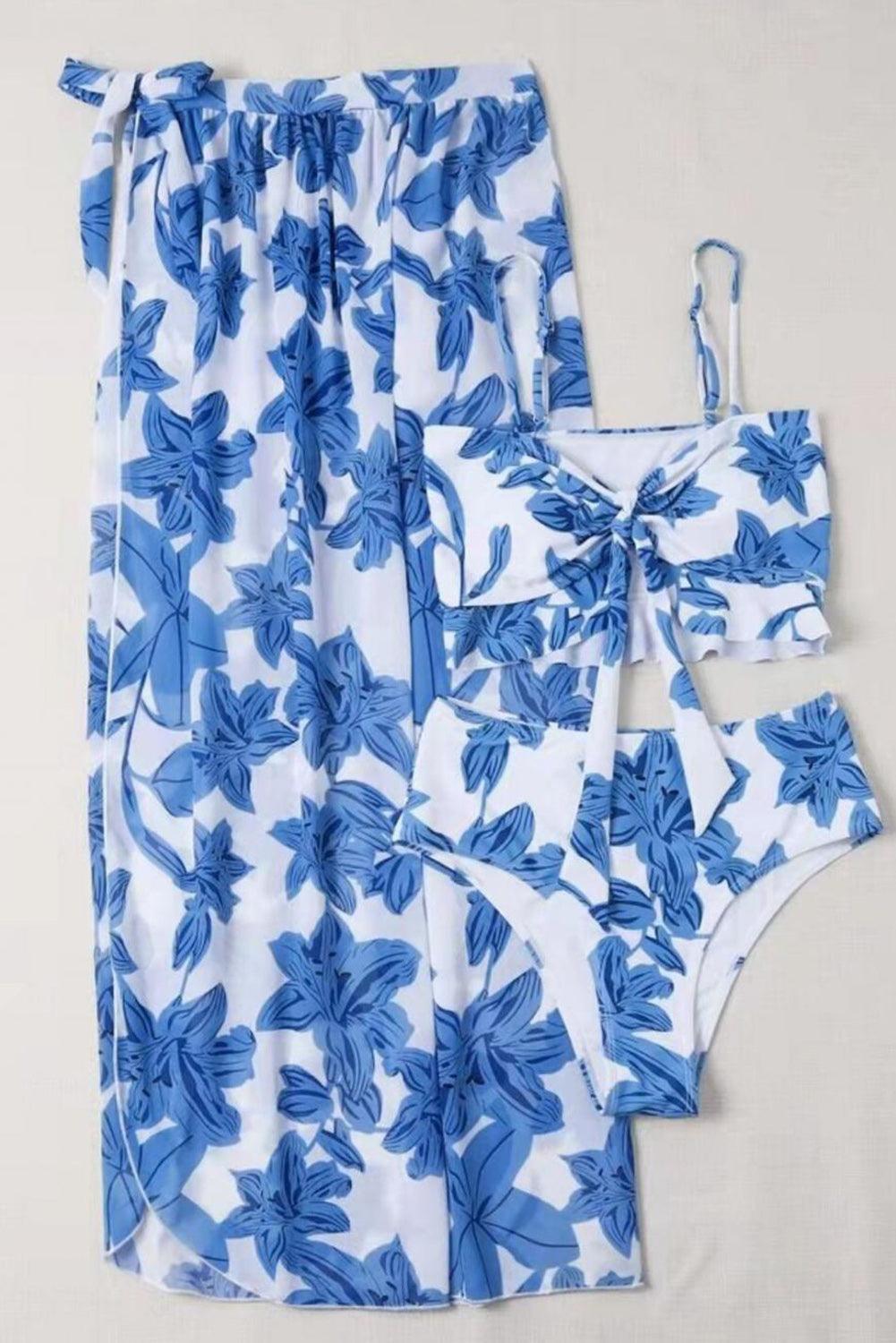 Sky Blue 3pcs Floral Twist Front Bikini with Cover-up Swimsuit - L & M Kee, LLC