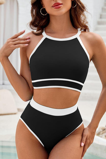 Black Contrast Trim Crisscross Back High Waisted Bikini - L & M Kee, LLC