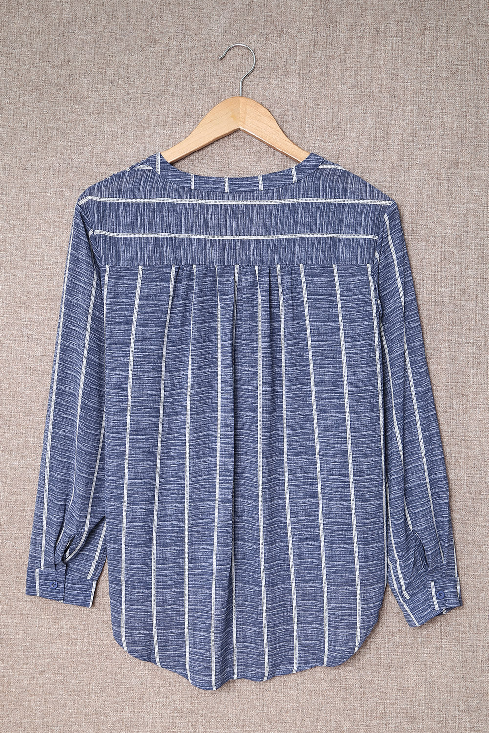 Blue Striped Print V Neck Half Buttons Loose Blouse