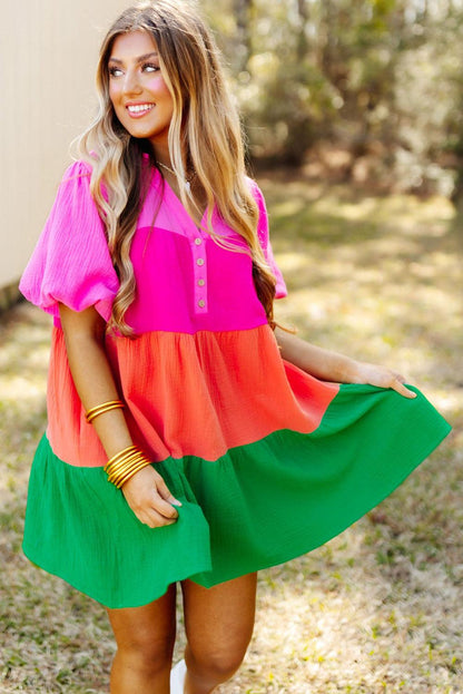 Multicolor Color Block Tiered Puff Sleeve Dress - L & M Kee, LLC