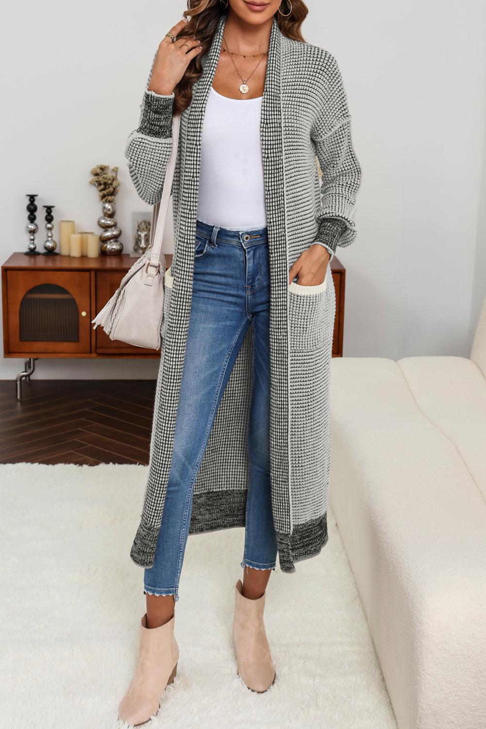 Gray Textured Knit Pocketed Duster Cardigan - L & M Kee, LLC