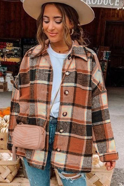 Orange Plaid Print Buttoned Shirt Jacket - L & M Kee, LLC