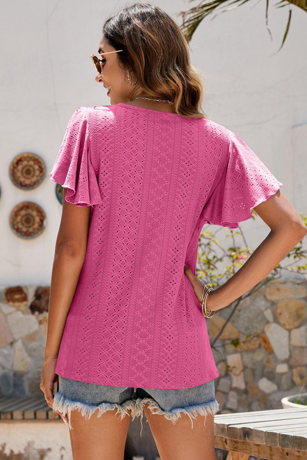 Rose Flutter Sleeve Eyelet Textured Top - L & M Kee, LLC