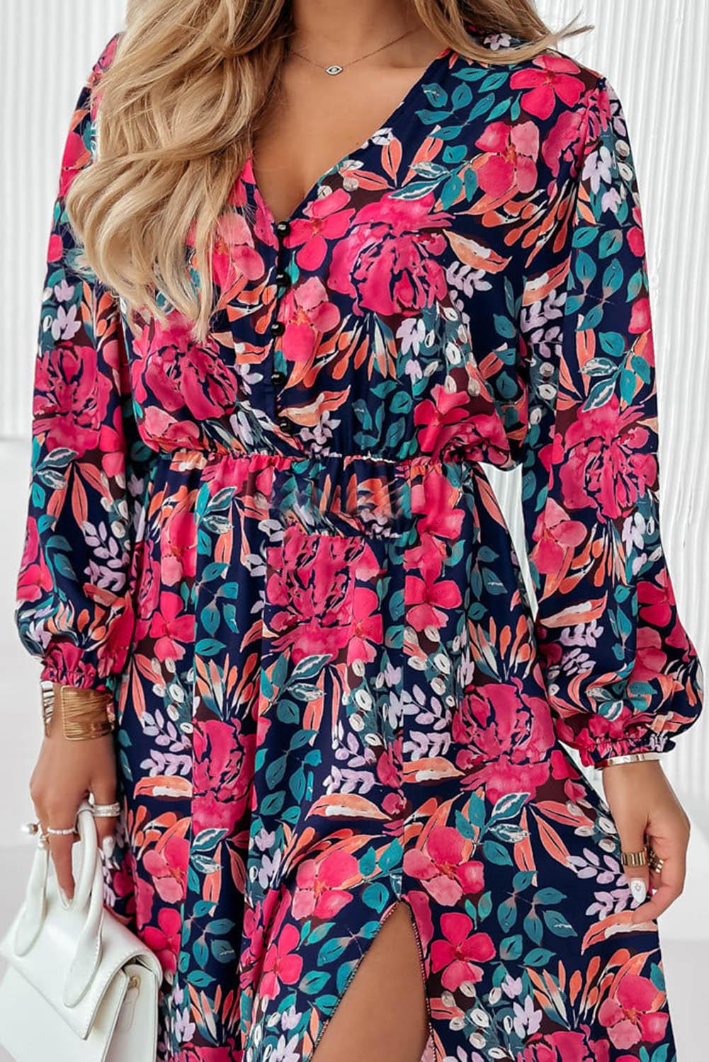 V Neck Elastic High Waist Split Floral Dress - L & M Kee, LLC