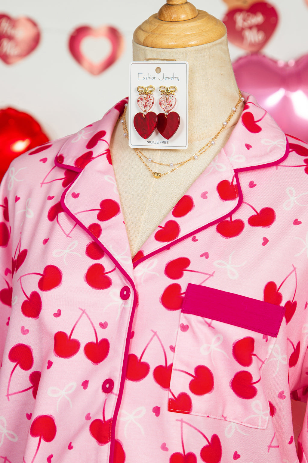 Rose Cherry Bow Mixed Print Scalloped Edge Short Pajama Set