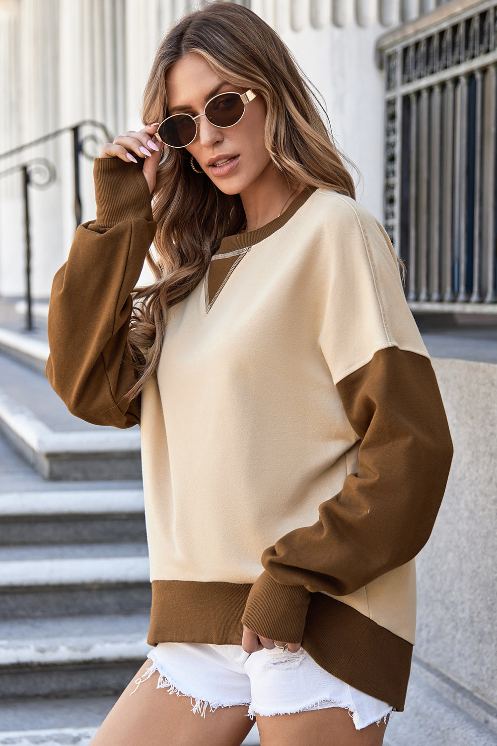 Parchment Color Block Thumbhole Sleeve Drop Shoulder Sweatshirt