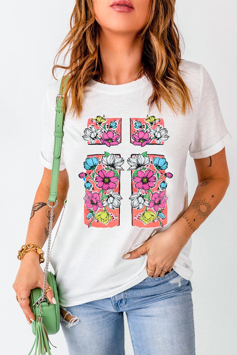 White Floral Crossed Graphic Easter Round Neck T Shirt - L & M Kee, LLC