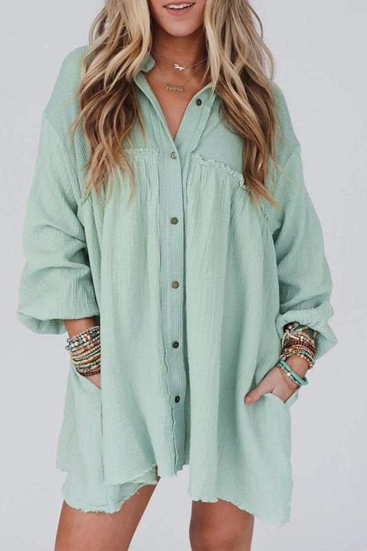 Green Patchwork Crinkle Puff Sleeve Shirt Dress - L & M Kee, LLC