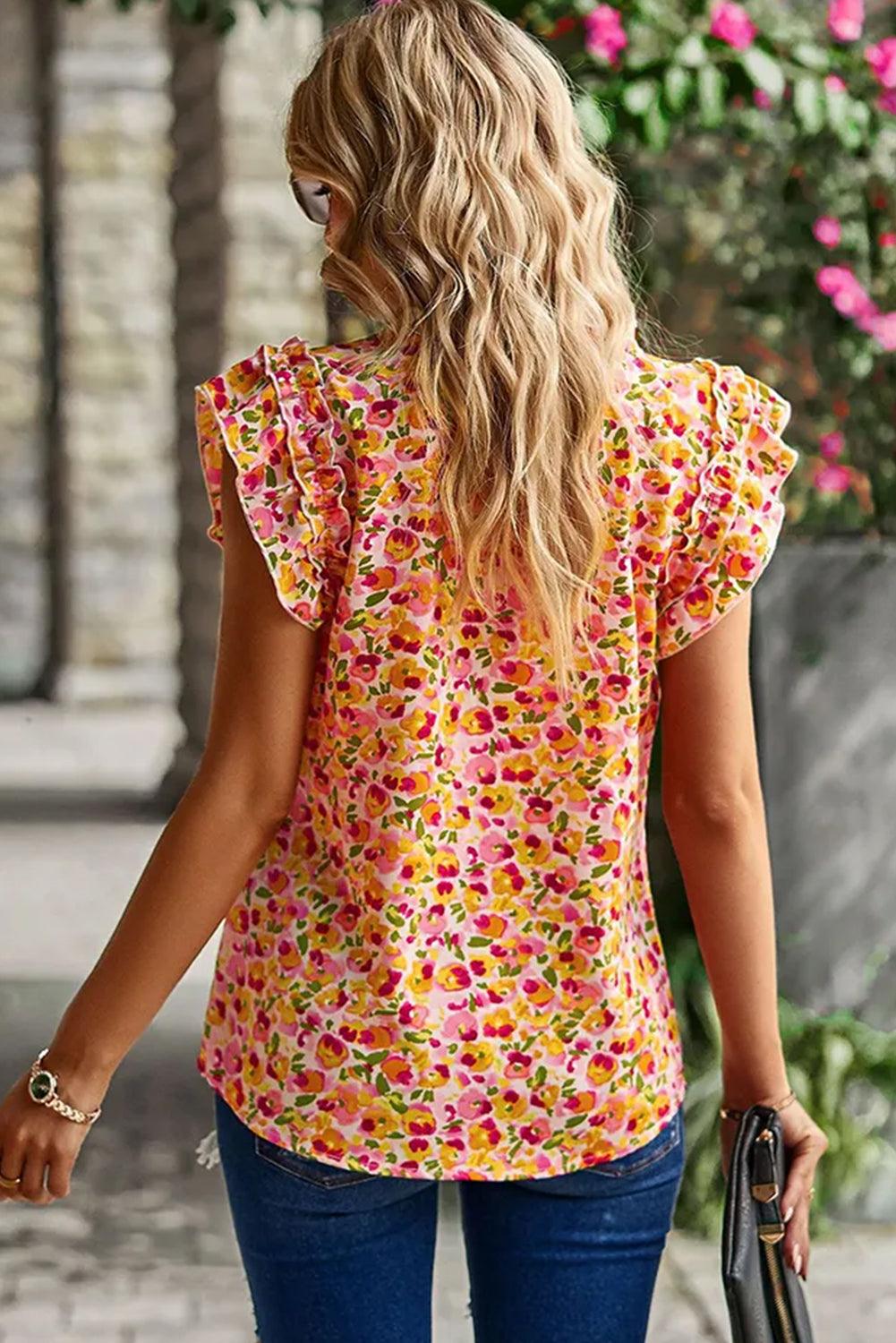 Yellow Floral Print Flutter Sleeve V Neck Tank Top - L & M Kee, LLC