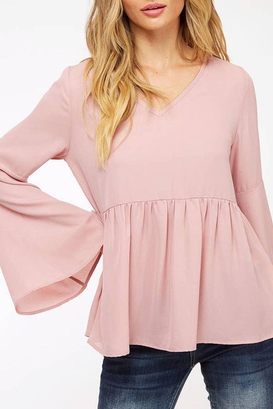 Pink V-Neck Bell Sleeve Back-Tie Ruffled Blouse - L & M Kee, LLC