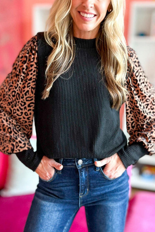 Black Leopard Print Long Sleeve Ribbed Knit Blouse - L & M Kee, LLC