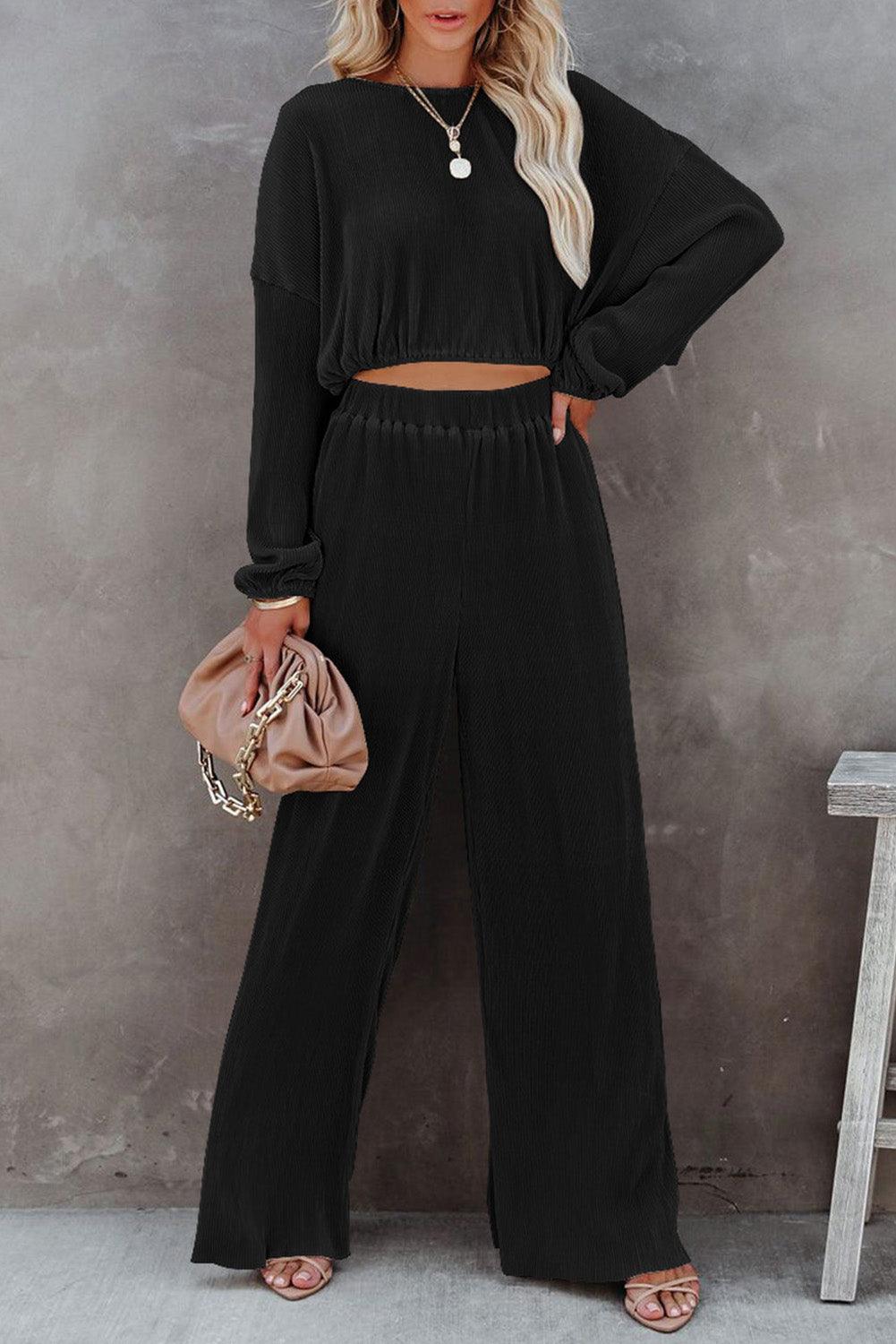 Black Corded Cropped Pullover and Wide Leg Pants Set - L & M Kee, LLC