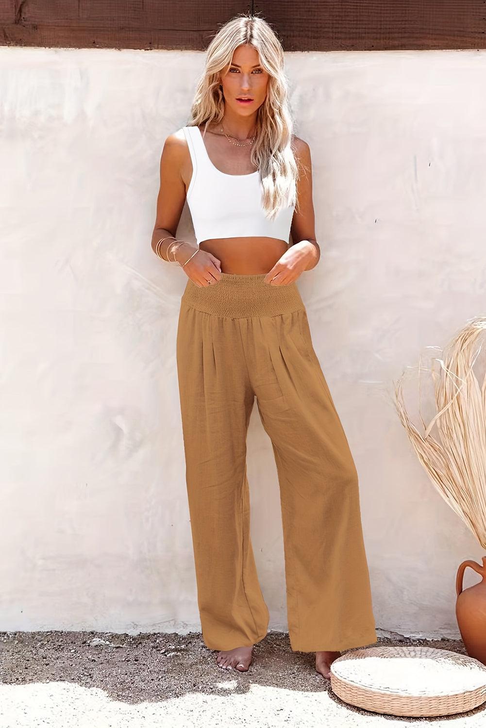 Khaki Smocked Wide Waistband High Waist Wide Leg Pants - L & M Kee, LLC