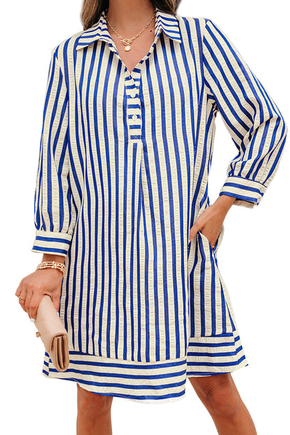 Blue Stripe Collared Half Button Side Pockets Loose Fit Mini Dress