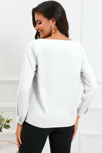 Solid Asymmetric V Neck Long Sleeve Satin Blouse - L & M Kee, LLC