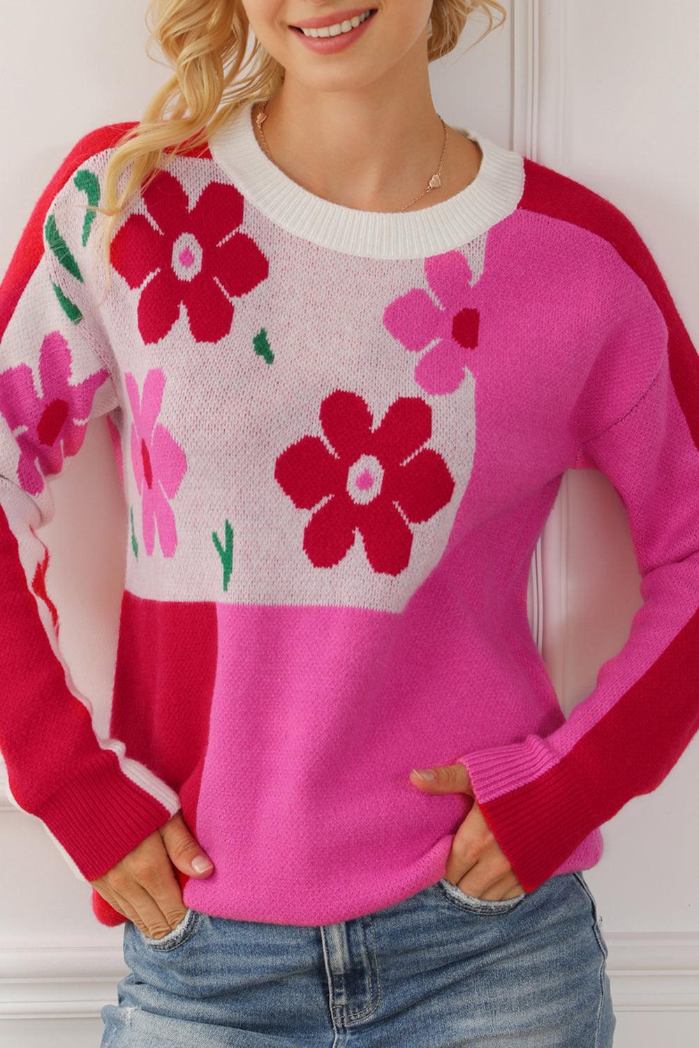 Rose Red Floral Mixed Color Block Sweater - L & M Kee, LLC