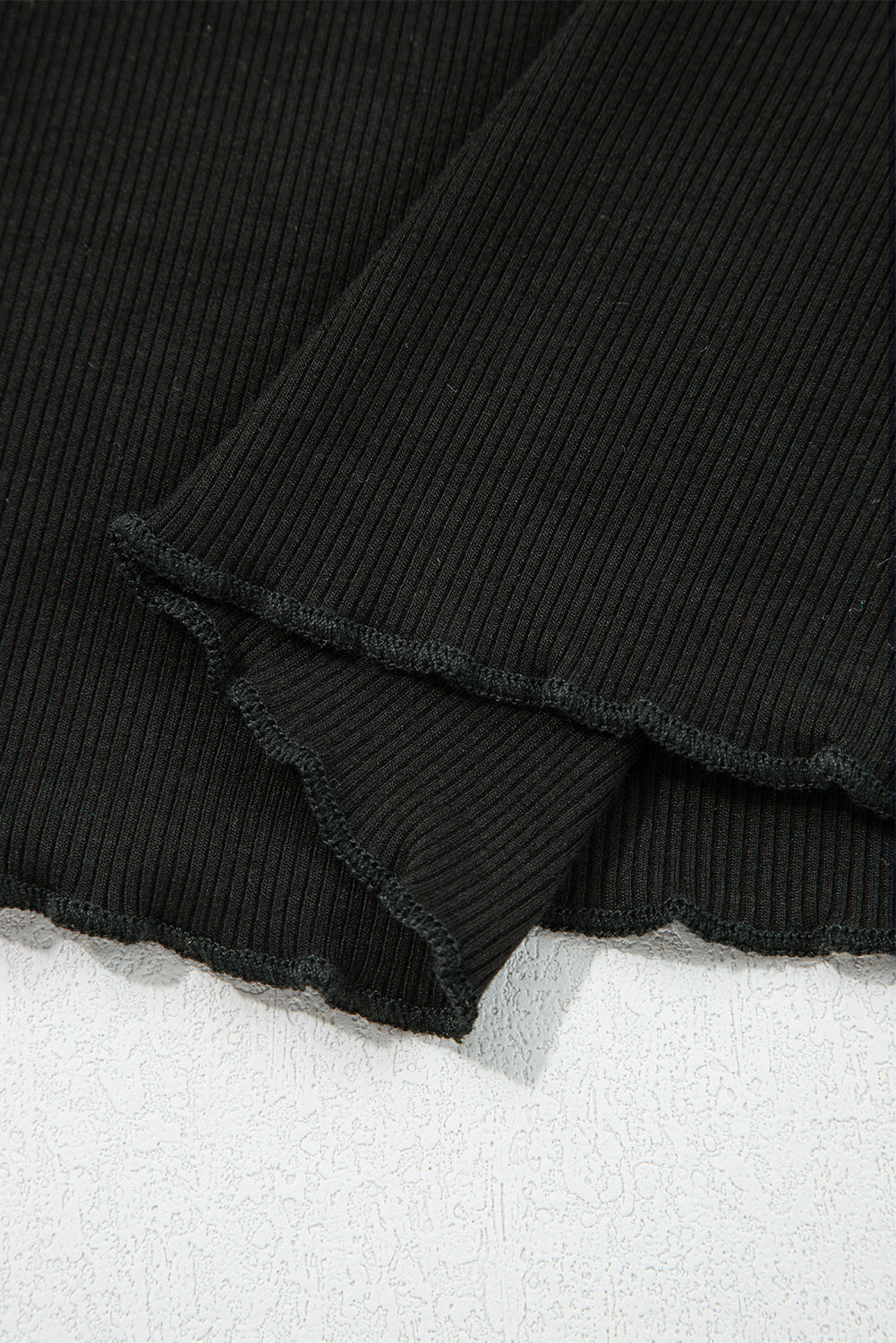 Black Ribbed Knit Lettuce Trim High Neck Long Sleeve Top