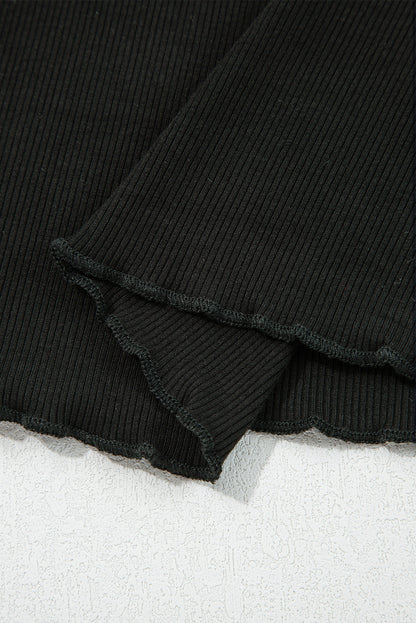 Black Ribbed Knit Lettuce Trim High Neck Long Sleeve Top