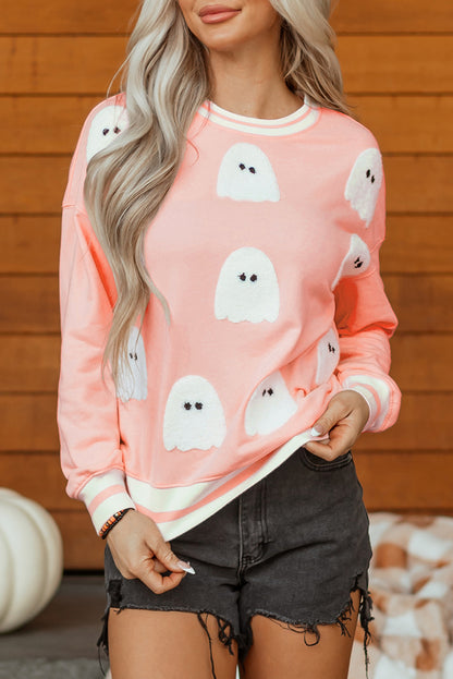 Gossamer Pink Halloween Terry Ghost Striped Trim Loose Sweatshirt