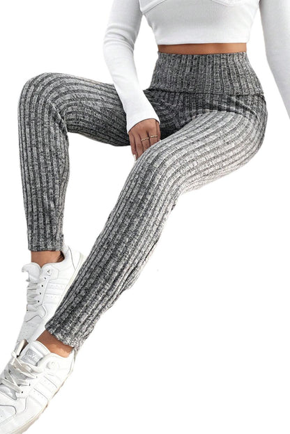 Gray Wide Waistband Ribbed Textured Knit Leggings - L & M Kee, LLC