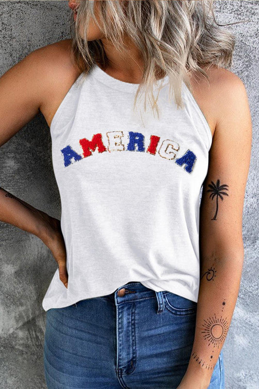 White Chenille AMERICA Graphic Tank Top - L & M Kee, LLC