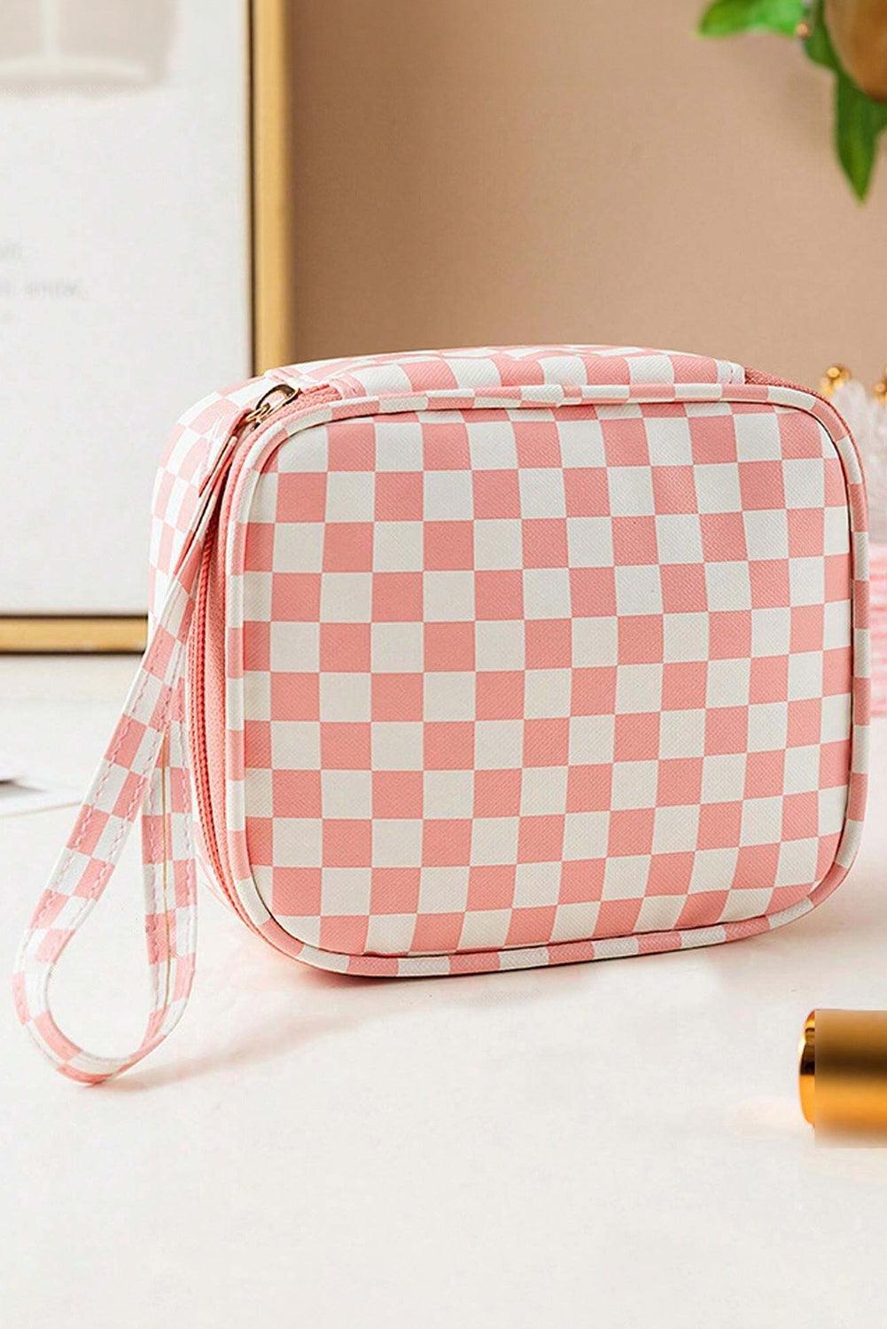 Light Pink Checkered Pattern Small Cosmetic Bag - L & M Kee, LLC